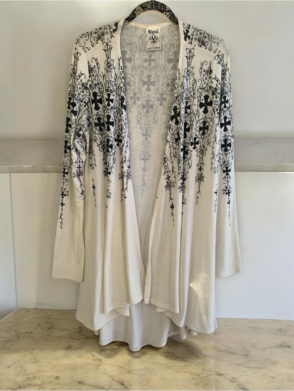 Vocal Cream Open-Front Cardigan Duster with Black Cross Embellished - Picture 8 of 8